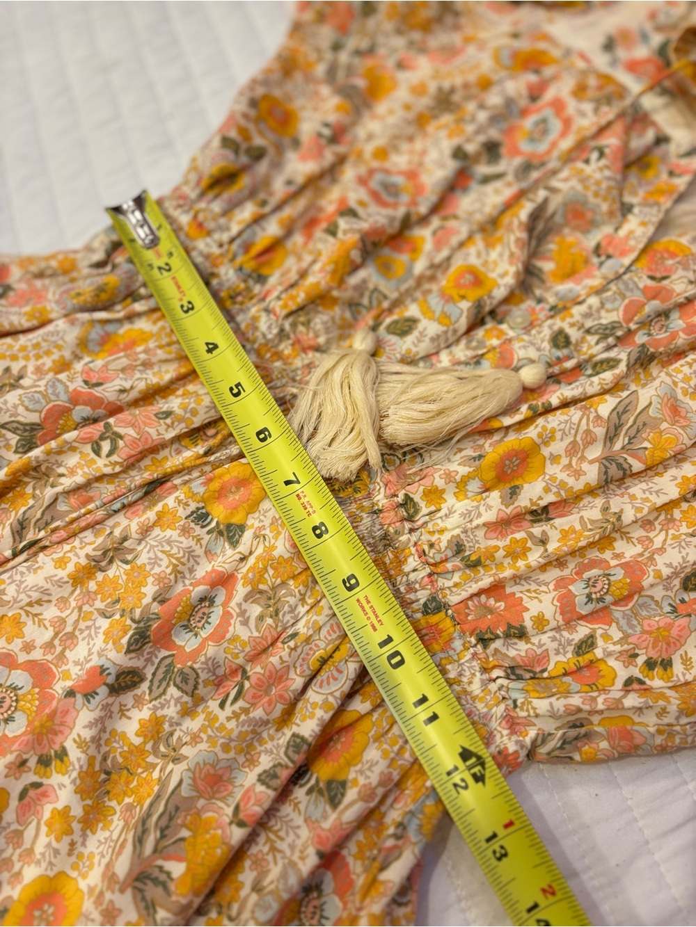 ELAN Monterey Print Tie Neck Long Sleeve Mini Dress Floral Boho Cream Yellow S - Picture 7 of 8